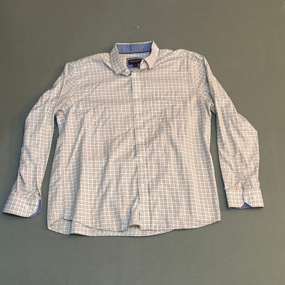 Johnston & Murphy Mens XL Tan Blue Grid Check Cotton Button Down Shirt 74-9304